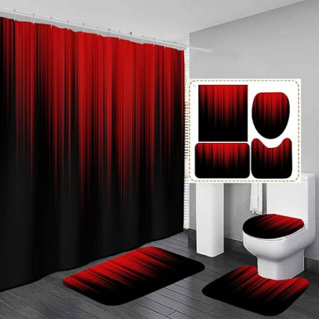AAtter Lot de 4 rideaux de douche noirs et rouges de style simple ombré bordeaux foncé 60 x 72 L avec tapis antidérapant, housse