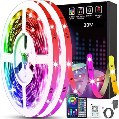 Tenmiro Ruban Led 30m,Led Chambre,Bande Led Autocollant Contrôlé par APP&Avec télécommande 44 touches, Pliable, Multicolore, Tim