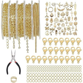 Euakee Lot de 5 rouleaux de chaîne à maillons dorés - Au mètre - Accessoires de fabrication de bijoux avec 50 breloques en acier