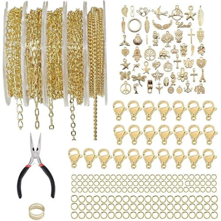 Euakee Lot de 5 rouleaux de chaîne à maillons dorés - Au mètre - Accessoires de fabrication de bijoux avec 50 breloques en acier