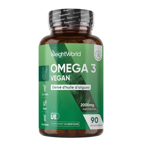 Omega 3 Vegan, Huile d'Algues en Gelules 2000mg Omega 3 DHA EPA, 90 Gélules | sans Huile de Poisson (Fish Oil) ni Huile de Krill