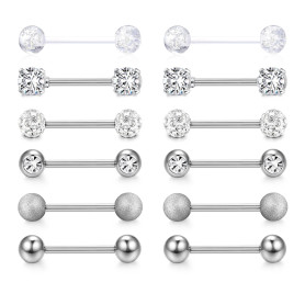 CASSIECA 12Pcs 14G Piercing Teton et Langue pour Femme en Acier Chirurgical - Barbells Argent Bijoux Mamelon
