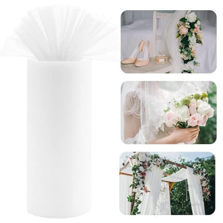 QINERSAW Tulle Blanc 30 cm x 91,5 m - Décoration Mariage, Table - Polyester - Ruban Bricolage, Tutu, Jupe, Artisanat, Fête, Cade
