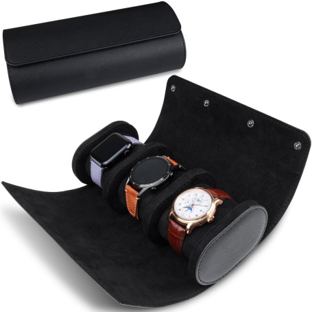 RoYiio Voyage Boîte à Montres en Cuir, Boîte de Rangement 3 Montres, Noir | Boîte Montres Voyage Portable, Classique Rétro, Cuir