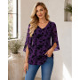 Hotouch Chemisier Femme Manches 3/4 Elegant Fluide Double épaisseur Tunique | col en V Mousseline Blouse Haut| Floral/Unie/Paill