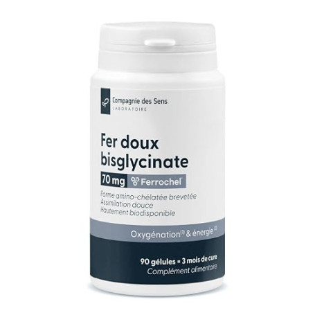 Fer Bisglycinate 3 Mois de Cure - 90 Gélules Végétales - 70 mg/jour dont 14 mg de Fer Élément (100% des VNR) - Breveté Ferrochel