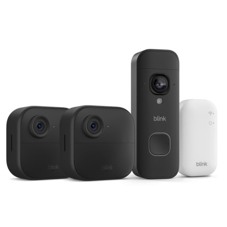Caméras Blink Outdoor 4 avec Sonnette vidéo 2K+ Blink (nouvelle génération), Noir, module de synchronisation de base inclus