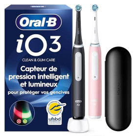 Oral-B Brosses à Dents Electriques iO 3 Duo, 2 Brossettes, Noire et Rose | 3 Modes de Brossage dont Douceur et Blancheur, Capteu