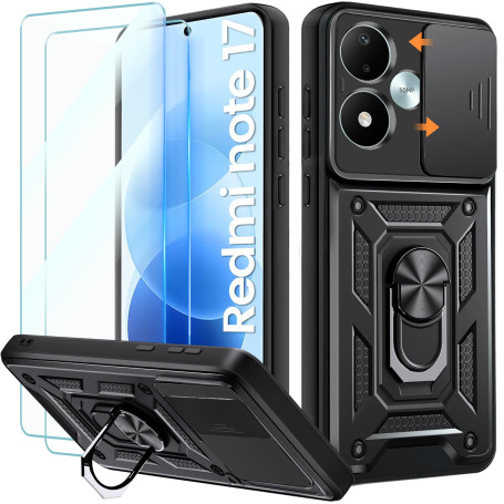 Yohii Coque pour Xiaomi Redmi Note 17 5G / 4G, Noir | 2 Verres Trempés [ Glissière Cache Webcam ] con Support Métal Annulaire à 