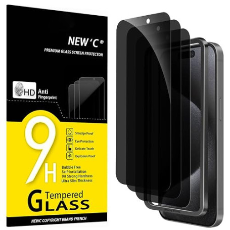 NEW'C Verre Trempé pour iPhone 15 Pro Anti-Espion, Vitre Protection Écran | Outil d'installation inclus, Lot de 3, Noir, 6,1 pou