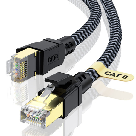 CABNEER Câble Ethernet 3 m RJ45 Cat 8 Réseau 40Gbps 2000MHz Haut Débit | Cable Reseau Nylon Tressé CAT8, Double Blindage LAN Câb