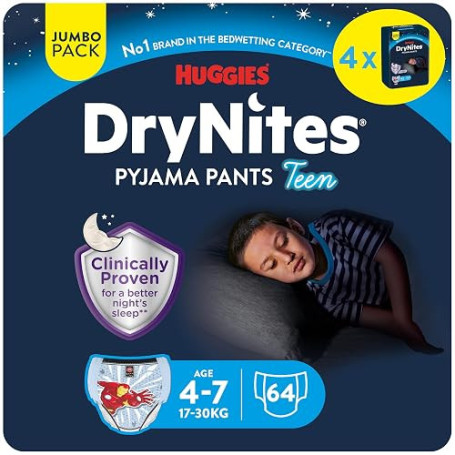 Huggies Drynites 4-7 ans Garçon (17-30kg) - Sous-Vêtements de Nuit Absorbants pour Enfants qui Font Pipi au Lit - x64 Culottes (