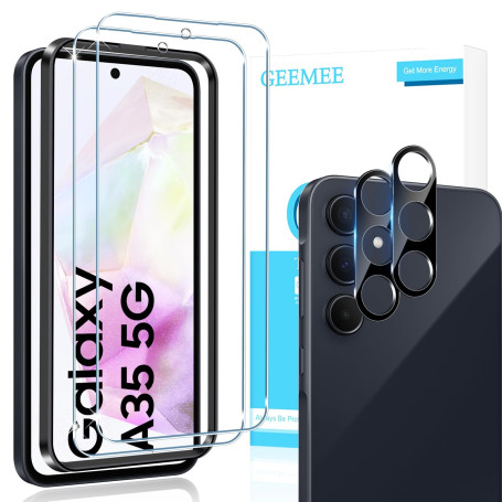 GEEMEE 2+2 Pièces Verre Trempé pour Samsung Galaxy A35 5G avec Caméra Arrière Protecteur (Noir), 9H Dureté HD sans BullesAnti-Ra