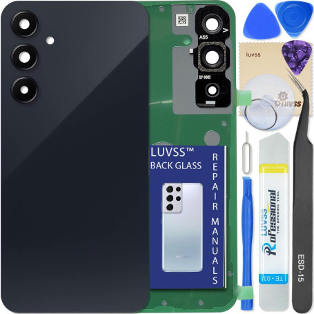 LUVSS Vitre Arrière pour Samsung Galaxy A55 SM-A556B/DS Noir Coque Cache Batterie avec Lentille de Caméra, Adhésifs, Kit Outils,