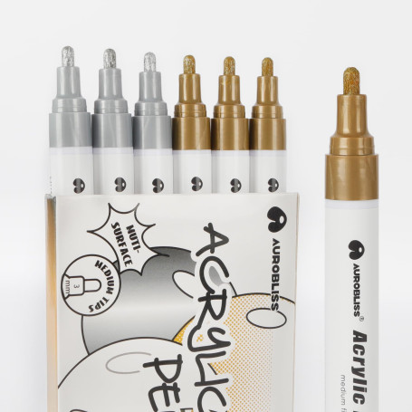 Aurobliss Stylo Doré et Argenté Pointe 2-3mm, 6 Pièces Feutre Acrylique Doré Argenté sur Bois, Tissus, Textile, Verre, Pierre To