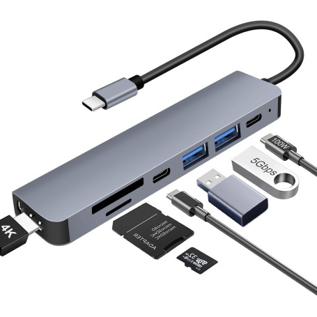 Hub USB C HDMI 4K PD 100W Charge,3*USB-A/C Multi Data Ports,Lecteur de Cartes SD/TF 7 en 1 Dock USB-C,Adaptateur Multiport Compa