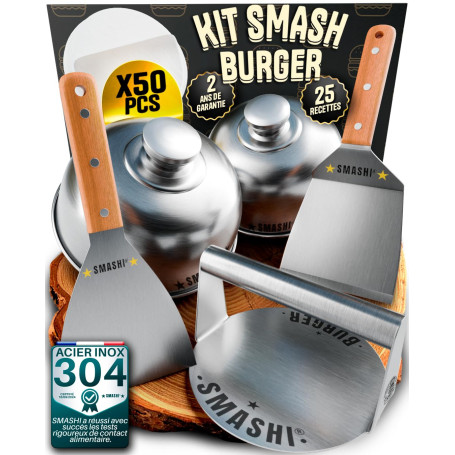 SMASHI® Smash Burger Kit avec Ustensiles Professionnels en Acier Inoxydable 304 certifié Contact Alimentaire UE | Presse Smash B