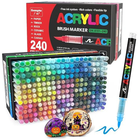 Guangna 240 Feutre Acrylique, stylos acryliques à pointe pinceau pour le coloriage adulte ，Acrylic Paint Markers pour Coloriage,