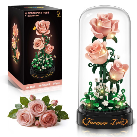 HiWEEGO Kit de construction de roses avec lumière LED, 241 pièces, bouquet de roses bordeaux de 3,6 mm, jouet de collection bota