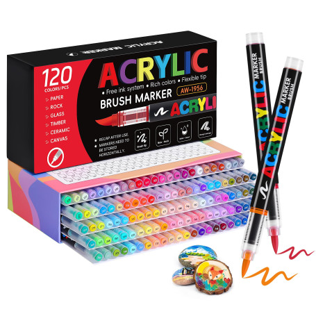 Tongfushop 120 Feutres Acryliques, Marqueurs à Pointe Pinceau Flexible | À base d’eau et couvrants pour pierre, céramique, bois,