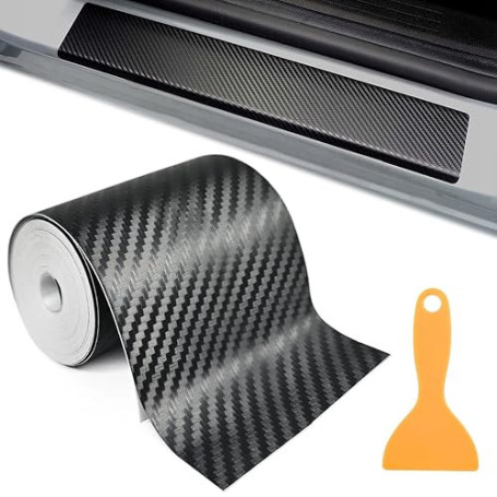 10 cm x 3 m Fibre de Carbone Autocollant, Protection Seuil de Porte Voiture | avec Grattoirs en Plastique, Anti-Rayures Imperméa
