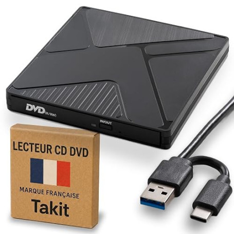 Takit Lecteur CD DVD Externe pour PC [Marque FRANÇAISE] Graveur DVD USB 3.0 & USB-C Ultra Rapide, Lecteur Optique Portable CD/DV