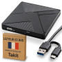 Takit Lecteur CD DVD Externe pour PC [Marque FRANÇAISE] Graveur DVD USB 3.0 & USB-C Ultra Rapide, Lecteur Optique Portable CD/DV