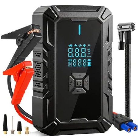 Démarreur de Batterie Auto Portable avec compresseur, Compatible véhicules Essence et Diesel 1,5L à 8L (Batteries 12V), gonflage