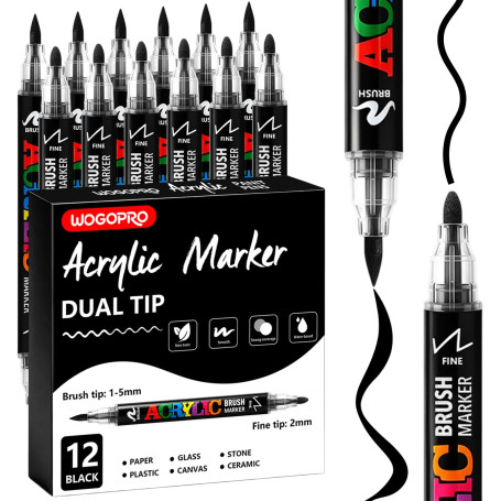WOGOPRO 12 Feutre Acrylique Noir, Double Pointe, Marqueur Acrylique, Acrylic Paint Marker, Stylo Acrylic pour Coloriage, Calligr