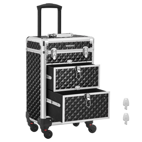 SONGMICS Valise de Maquillage, avec 2 Tiroirs, 34 x 24 x 56 cm | Mallette Cosmétique, Grand, Roulette Pivotante à 360°, Voyage, 
