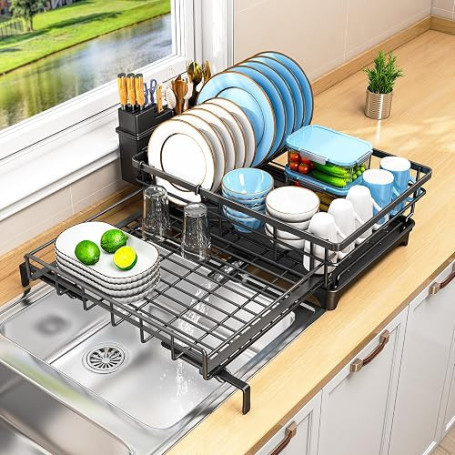 OrderlyGo Egouttoir Vaisselle, Extensible Égouttoir à Vaisselle avec Porte-ustensiles, Économisez de l'espace Egoutoire Vaissell