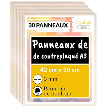 Creative Deco 30 x A3 Contreplaqué 3mm | 420 x 300 x 3mm (+/- 2mm) | Planche Bois Brut Bouleau | Panneau Feuille Découpe Laser |