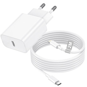 Chargeur iPhone 20W avec Cable USB C vers Lightning de 2m, Chargeur USB C Rapide avec Câble Lightning,Prise Secteur Type C pour 