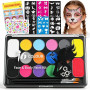 Mekkyes Palette Maquillage Enfant - 16 Couleurs Peinture Corporelle pour Le Visage avec 4 Grandes Couleurs, 52 Pochoirs et 1 Aut