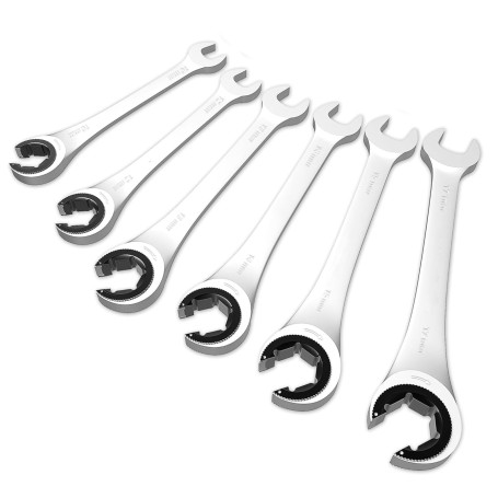 Candeon Jeu de clé plate à cliquet ouverte, 6Pcs 10-17mm Métrique Clés Mixtes à Cliquet Clés à Écrou Évasé pour conduites de fre