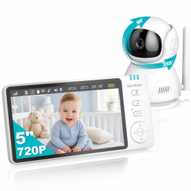 BURNNOVE Babyphone Camera sans WiFi pour Bébé, Écran IPS 5 Pouces | Vision nocturne, caméra motorisée 355°/90°, mode VOX, zoom n