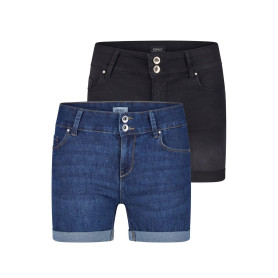 ONLY ONLCARMEN Lot de 2 shorts en jean stretch pour femme - Coupe skinny - Taille moyenne - Basique - Bleu - Noir - Tailles S, M