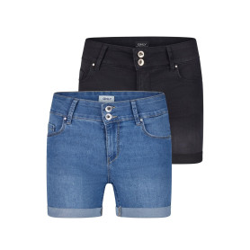 ONLY ONLCARMEN Lot de 2 shorts en jean stretch pour femme - Coupe skinny - Taille moyenne - Basique - Bleu - Noir - Tailles S, M