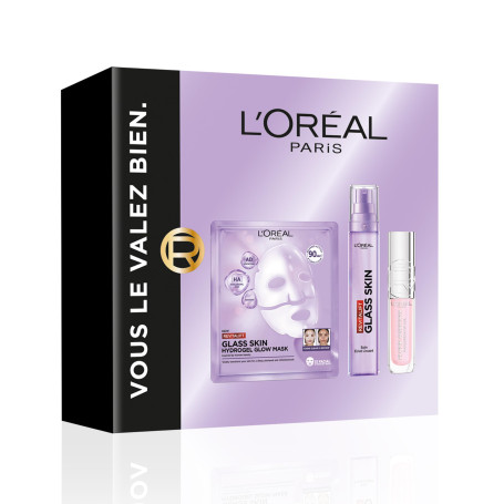 Coffret L’Oréal Paris Glass Skin avec soin, masque et huile à lèvres | Soin Éclat lissant, masque hydrogel, huile à lèvres hydra