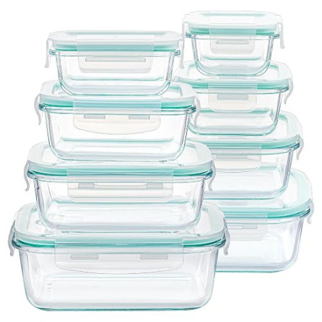 Vtopmart Lot de 16 Boîtes Alimentaires Verre, 8 Récipients et 8 Couvercles | Verre Sain sans BPA, Étanche et Hermétique, Compati