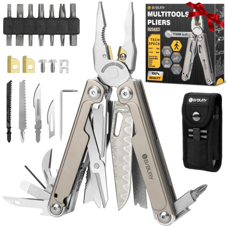 BIBURY Pince Multifonctions en Alliage de Titane et Acier Damas, Outil Multifonction, Multitool, Idee Cadeau Homme, Anniversaire