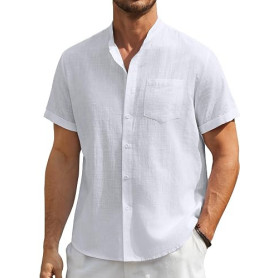 Enlision Hommes Chemises Manche Courte Chemise Lin Homme Solid Henley Shirts Été Col Mao Chemise de Plage Classique S-4XL