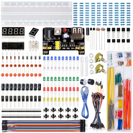 Miuzei Kit Breadboard électronique, 830 Points, 448 Composants pour Arduino | Module Alimentation 3,3V/5V, Résistances, LED, câb