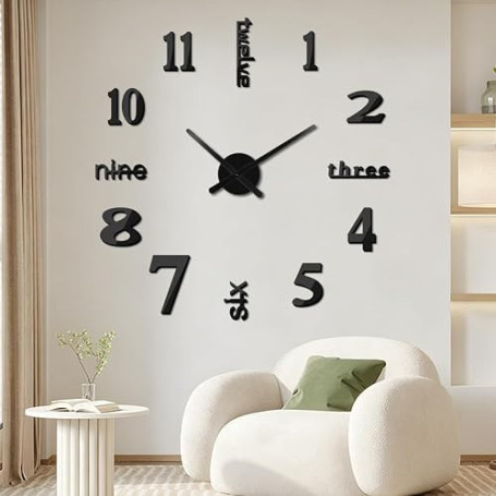 Aolso Modern DIY Grande Horloge Murale, 3D Miroir Autocollant Metal Silencieuse Pendule Murale, Cadran Alliage Aiguilles Alumini