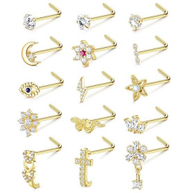Adramata 15 Pcs 20G Piercing Nez Acier Inoxydable Percing au Nez | Bijoux Piercing Nez en L / en Spirale, Percing au Nez Argenté