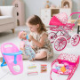 deAO Kit Poussette pour poupée avec Poupée 31cm, 2 Tenues et Chaise Haute | Kit Jeu de Poupée Accessoires avec Sac, Biberon Pot 