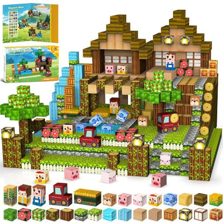 Gryxpox 150 Pièces Construction Magnétique Enfant Ferme - Cube Magnétique Animaux avec Figurines, Ensemble de Blocs Éducatifs Mo