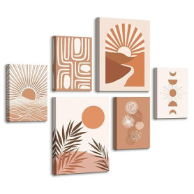 6 Sets of Boho Terracotta Soleil Botanique Tableau Decoration Murale Encadre, Géométrie Lignes Impression sur toile Abstrait Pay