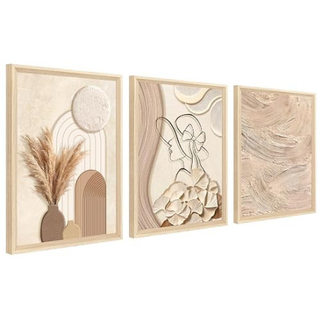 3Pcs Cadre en bois Impression sur Toile Beige Clair et Crème Tableau Silhouette Féminine Peinture Motif Abstrait Neutre Tableau