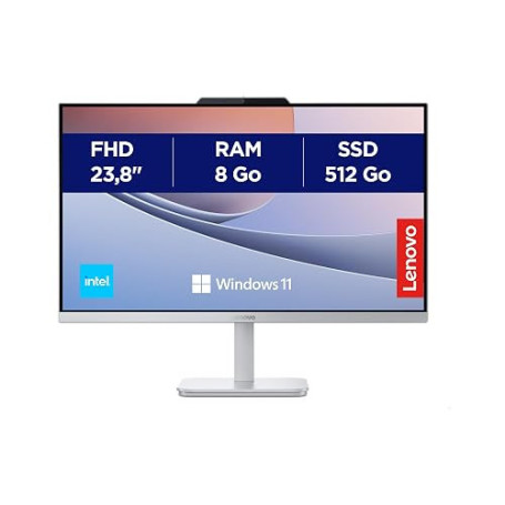 Lenovo IdeaCentre A100 Ordinateur de Bureau Tout-en-Un Écran 24" FHD, Intel N100, 512Go SSD, RAM 8Go, WiFi 6, Windows 11 H, Clav